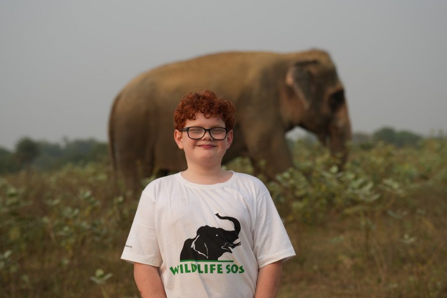 Xavi in the elephant conservation center in India. There is an elephant behind him and is smiling