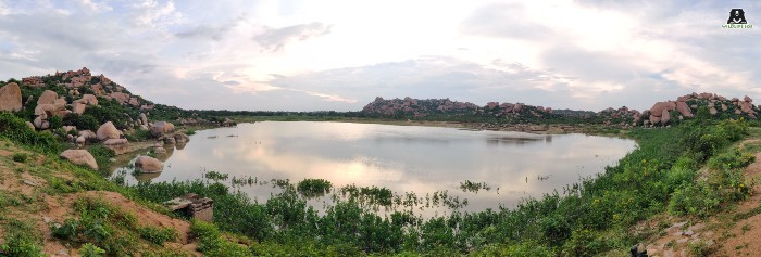a pond surrounder by green bushes and other flora in Ramdurga