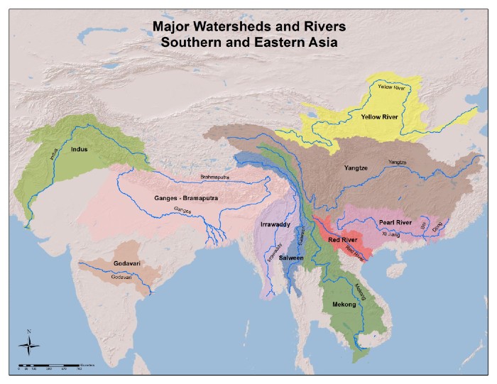 Major watersheds and river basins in Southern and Eastern Asia